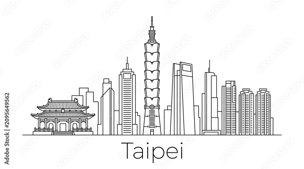 Fototapeta premium Taipei skyline illustration, iconic buildings, East Asian cityscape, modern architecture