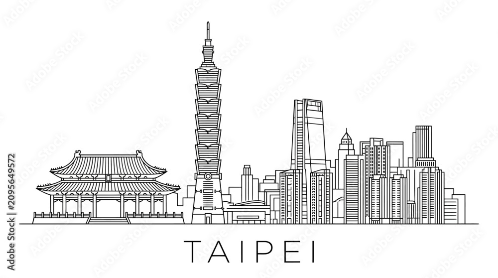 Obraz premium Taipei skyline illustration. Landmark buildings, modern skyscrapers, traditional temple landmark.