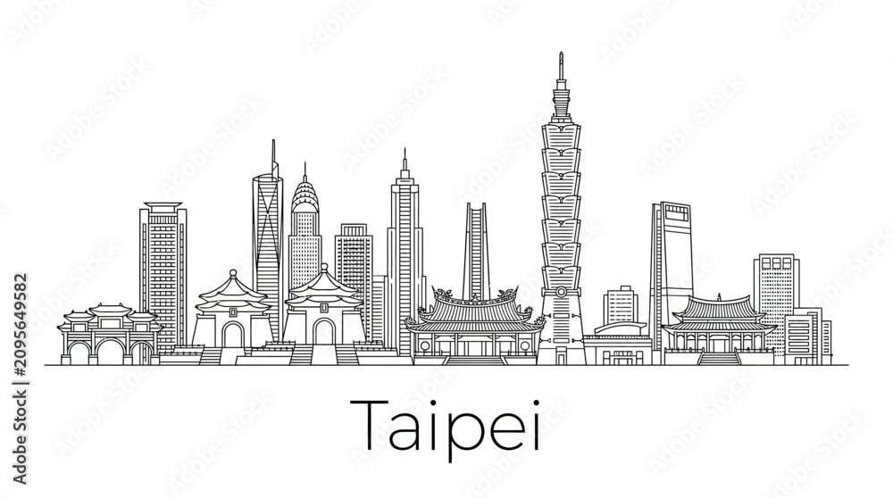Fototapeta premium Taipei Skyline Landmark Silhouette - Modern Asian City Sketch