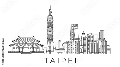 Taipei skyline illustration. Landmark buildings, modern skyscrapers, traditional temple landmark.