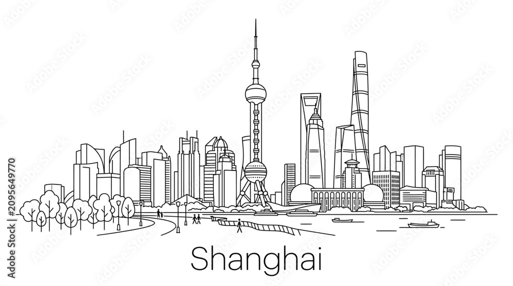 Obraz premium Shanghai Skyline Outline Vector Illustration - Modern City Architecture