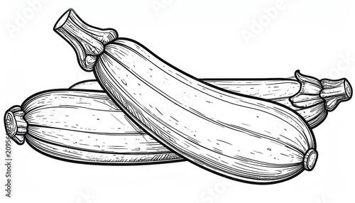 Hand drawn line art illustration of two whole zucchinis.