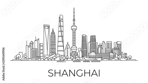 Shanghai Skyline Silhouette Vector - Iconic Buildings, Line Art, Cityscape, Urban