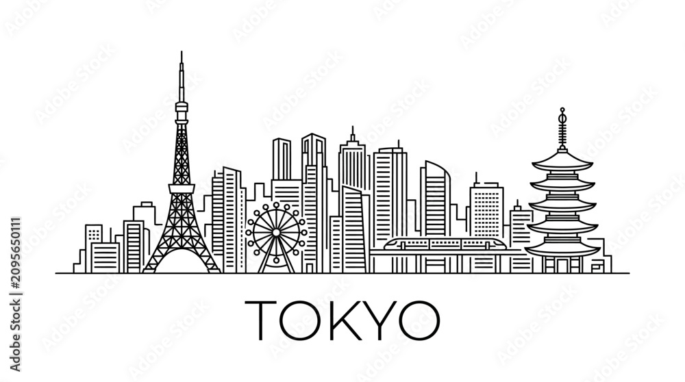 Obraz premium Tokyo Cityscape Silhouette, Iconic Landmarks, Modern Architecture, Japanese Culture