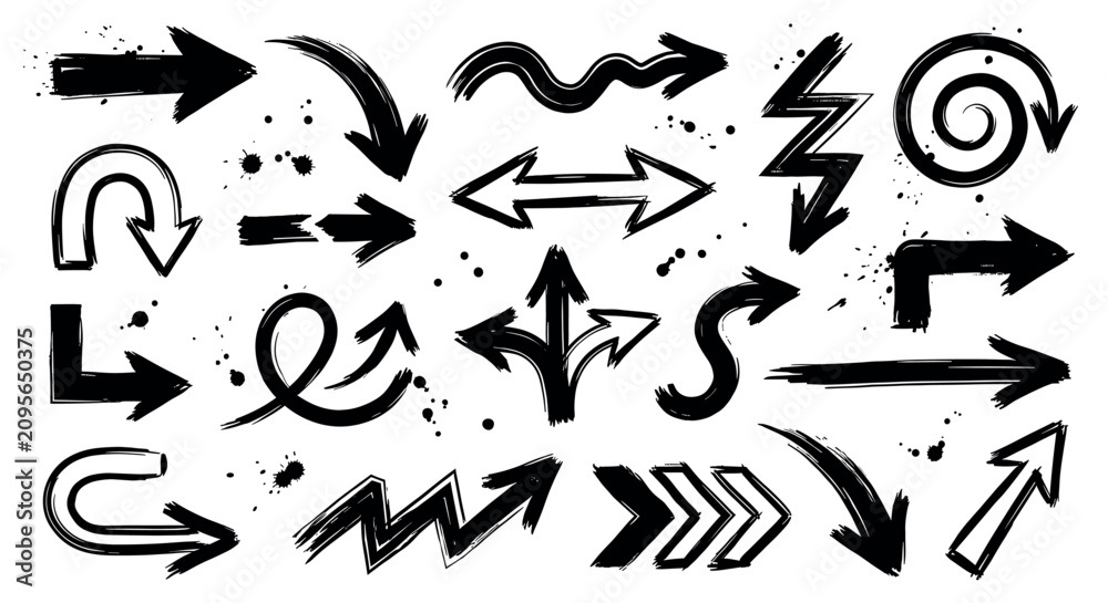 Fototapeta premium Collection of various black hand-drawn grunge arrows with ink splatters on a clean white background
