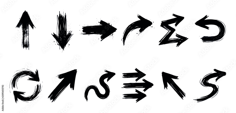Fototapeta premium Collection of twelve black hand-drawn grunge arrows with various shapes and directions, isolated on a clean white background