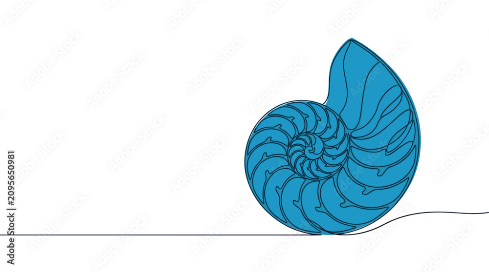 Fototapeta premium Single continuous line drawing of a blue nautilus shell with intricate spiral patterns on a clean white background
