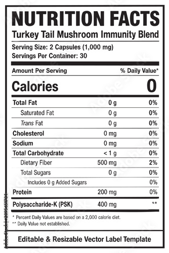 фотографія nutrition facts vector label template for turkey tail mushroom immunity blend