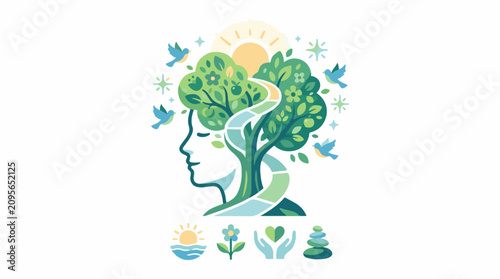 A stylized illustration of a human head with a tree growing out of it surrounded by nature elements