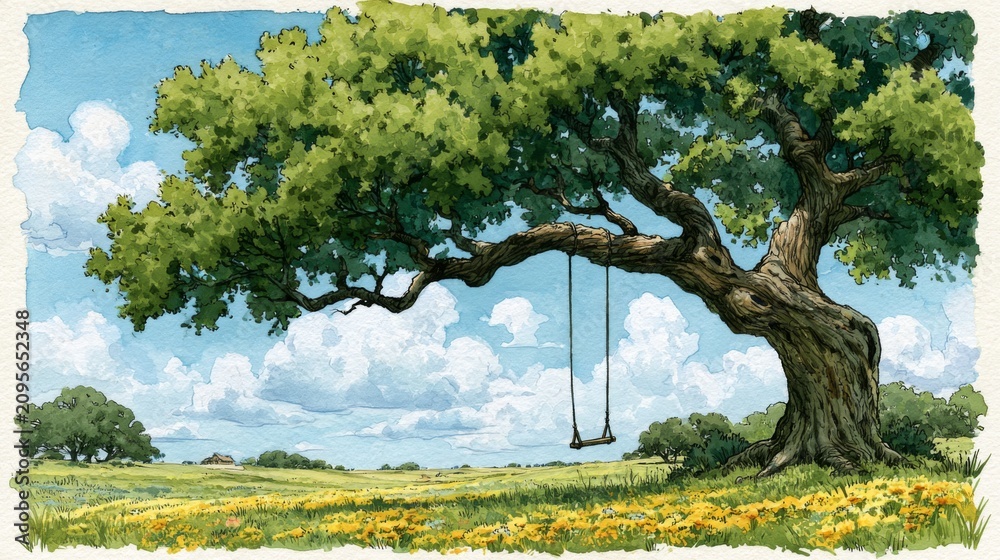 Obraz premium Serene Landscape with Large Tree and Swing Under Clear Blue Sky in Tranquil Meadow with Soft Clouds and Vibrant Wildflowers in Warm Sunlight