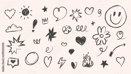 Vector set of hand drawn charcoal doodles. Collection of black crayon style hearts stars smiley face arrows and symbols with chalk texture isolated on background for social media graphics and childish