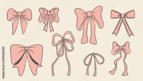 Vector set of hand drawn pink ribbons and bows. Collection of coquette aesthetic style knots with chalk outline texture isolated on background for gift packaging decoration greeting card design and so