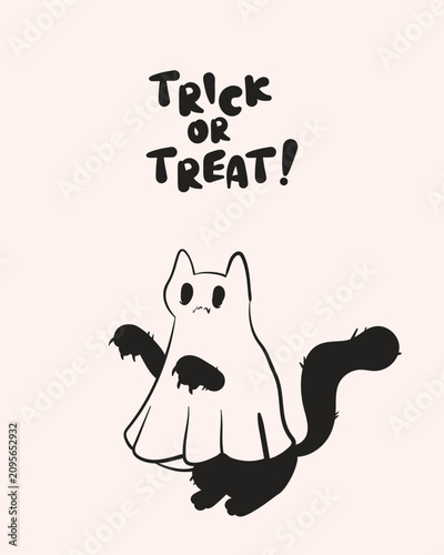Vector Halloween greeting card design with text and cat in ghost costume. Minimalist hand drawn spooky pet sketch and black lettering trick or treat isolated on background for holiday party invitation