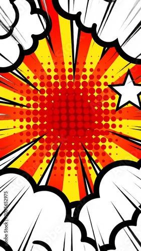 Comic book pop art explosion with speech clouds.