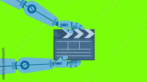 Robot hands holding blue clapper board. Represents modern technology's influence. AI video creation. Robot working on video editing clapperboard. 2d flat animation. Alpha channel. Looped video
