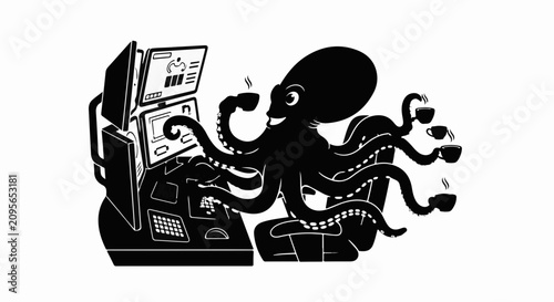 Busy octopus programmer multitasking with multiple screens and coffee cups