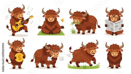 Cuadro en lienzo Cute yak cartoon character stickers set