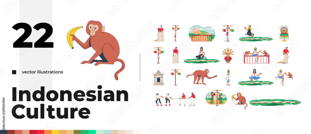 Fototapeta premium Indonesian cultural heritage and Independence Day 2D cartoon characters set. Community celebration. Village festival. Southeast asia Balinese isolated vector people. Flat spot illustration pack