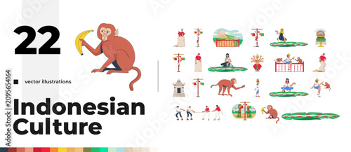 Indonesian cultural heritage and Independence Day 2D cartoon characters set. Community celebration. Village festival. Southeast asia Balinese isolated vector people. Flat spot illustration pack