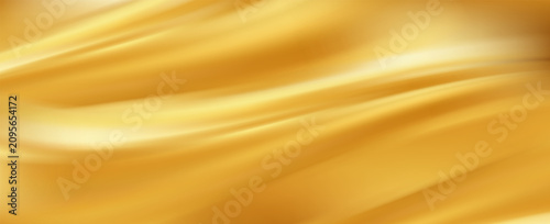 Luxury golden liquid metal background. Smooth abstract gold silk waves and shiny satin fabric drapery texture for premium banner and elegant cover.