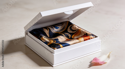  A luxury silk scarf folded elegantly inside a minimalist gift box with magnetic closure. Soft diffused light reveals the silk's subtle sheen and intricate pattern. Box rests on a marble surface with 