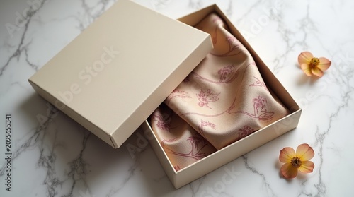  A luxury silk scarf folded elegantly inside a minimalist gift box with magnetic closure. Soft diffused light reveals the silk's subtle sheen and intricate pattern. Box rests on a marble surface with 