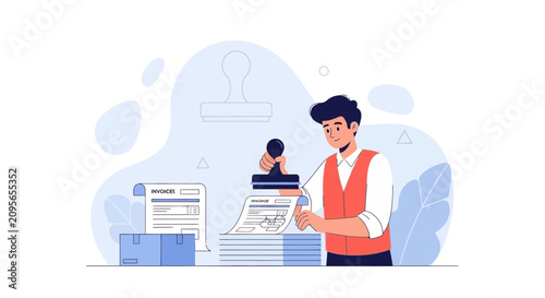 Man stamping invoices and documents, symbolizing administrative work, approval, and paperwork processing in a modern flat illustration style.