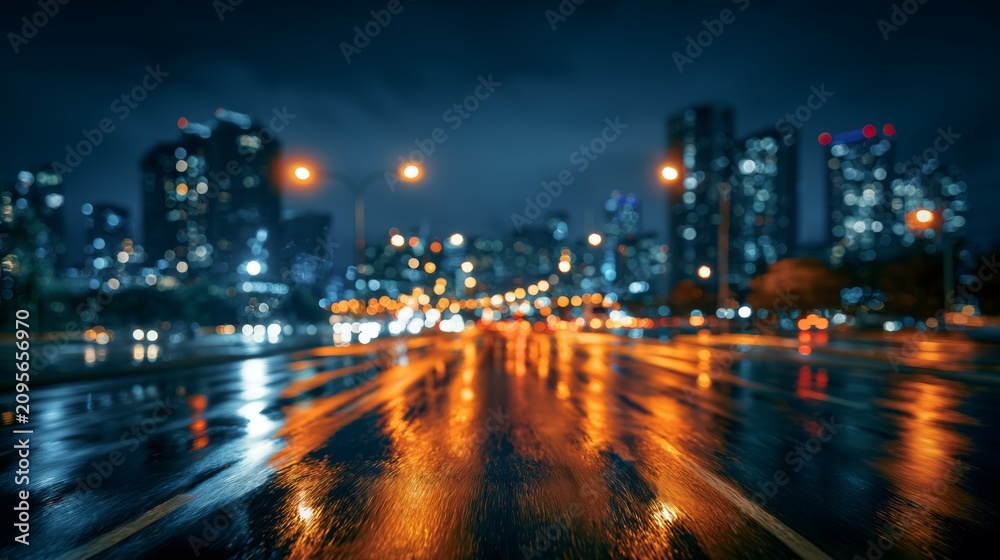 Naklejka premium Vibrant Cityscape at Night with Blurred Raindrops Reflecting Bright Lights on Wet Road and Urban Skyscrapers in the Background