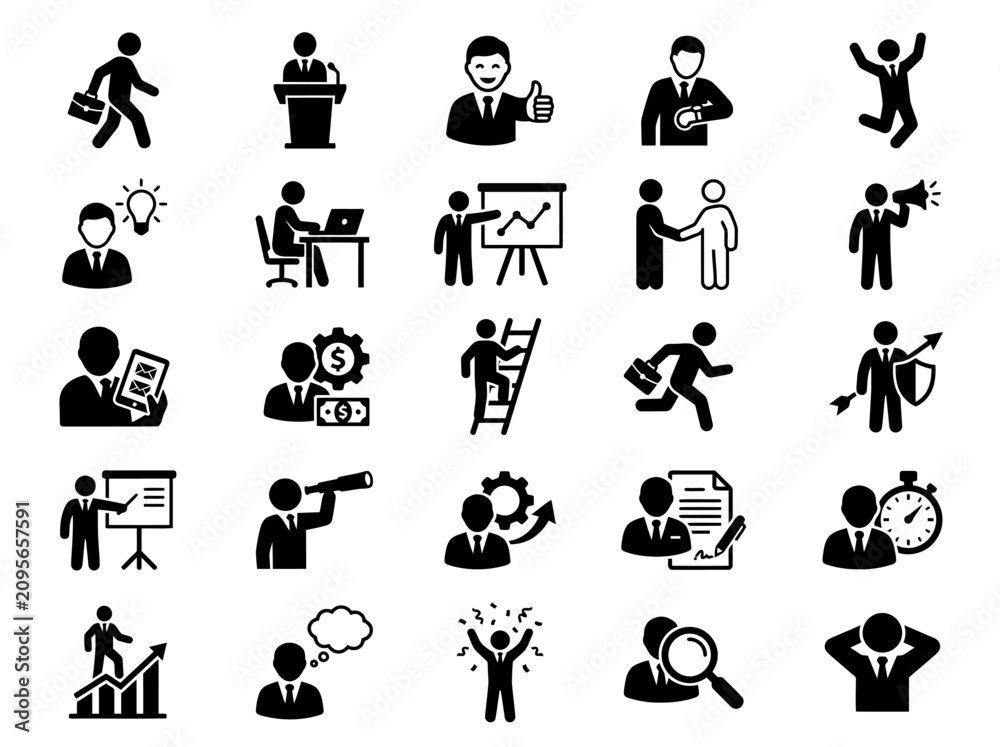 Obraz premium Business Icons Set: Success, Meeting, Strategy, Career Growth, Teamwork, Leadership