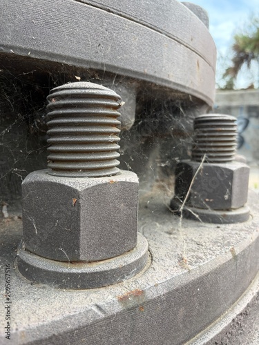 Cuadro en lienzo Tornillos de gran tamaño anclados a una superficie de metal en estado de abandon