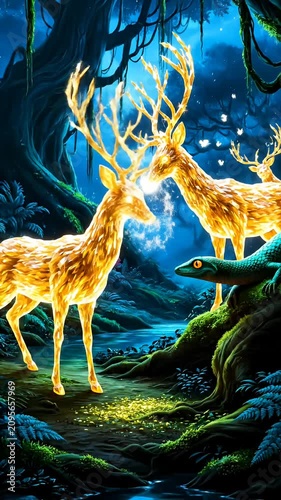 Glowing golden deer in enchanted dark forest at night.