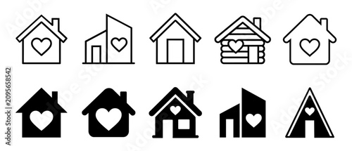Collection of house icons with heart symbols in line art and solid black styles