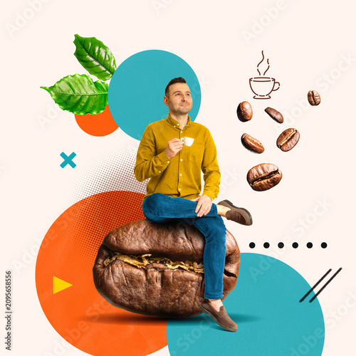 Creative surreal collage featuring a businessman sitting on an oversized coffee bean with a cup of espresso, symbolizing coffee culture, productivity, inspiration and daily routine.