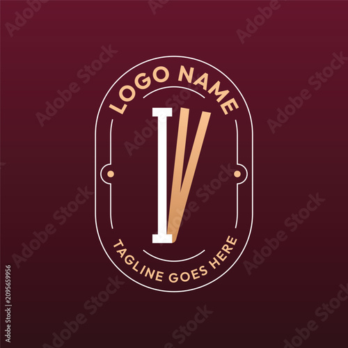 IV Letter Logo Monogram, Letter IV Logo Design Elegant Burgundy Rose Gold Oval Badge Template
