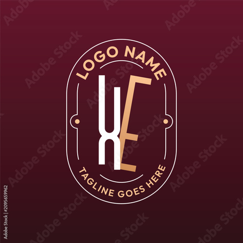 XE Letter Logo Monogram, Letter XE Logo Design Elegant Burgundy Rose Gold Oval Badge Template