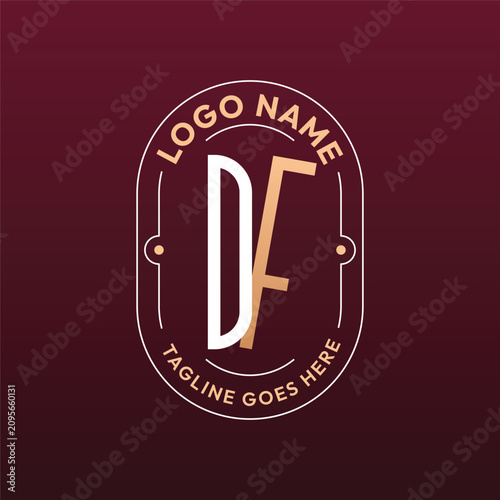 DF Letter Logo Monogram, Letter DF Logo Design Elegant Burgundy Rose Gold Oval Badge Template