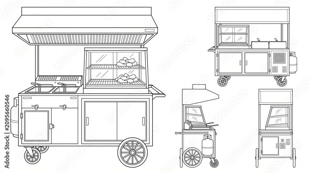 Fototapeta premium Street Food Mobile Fried Chicken Cart Vector Line Art Set with Different Angles