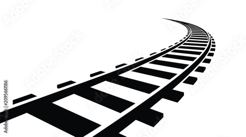 Detailed black and white vector illustration of curved train tracks receding into the distant horizon