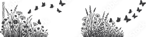 Wildflower meadow with flying butterflies black silhouette stencil vector set on transparent background