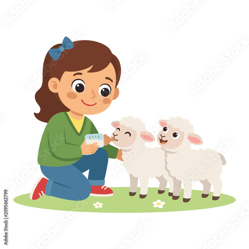 Girl feeding lambs from bottle while smiling on green grass  