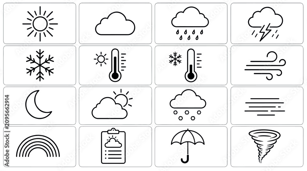Obraz premium Collection of simple line art icons representing various weather conditions and meteorological.