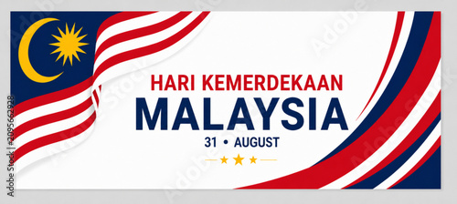 Bild auf Leinwand Malaysia Independence Day Banner with National Flag Ribbon and White Background