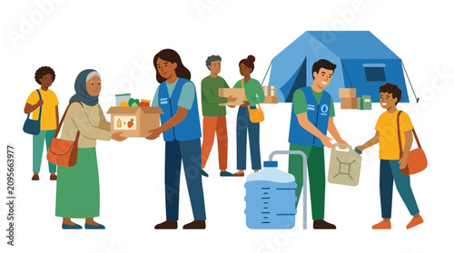 Humanitarian Aid Volunteers Distributing Supplies to Refugees at a Relief Camp