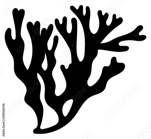 Black coral branch silhouette isolated on background. Minimalist seaweed vector illustration for marine branding, summer pattern design, underwater poster, cutting programs