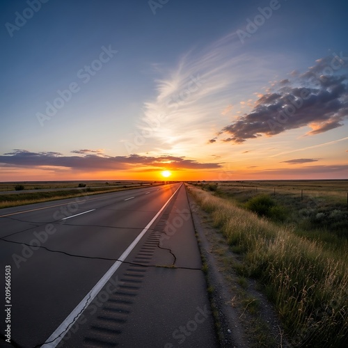 Sunset over rural highway with dramatic clouds.