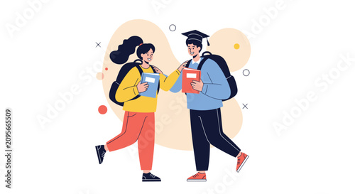 Two young students wearing graduation caps and backpacks talking joyfully on a warm abstract background.