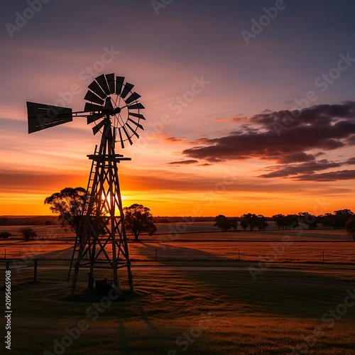 Sunset silhouette of windmill in rural field.