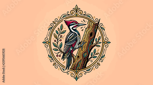 Schilderij op canvas Colorful woodpecker on tree branch.