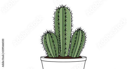 Spiky green desert cactus with sharp black spines planted in a simple white flowerpot on white background.