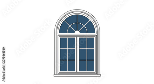 Elegant arched window frame with a multi pane design and dark blue glass panes isolated on a white background.
